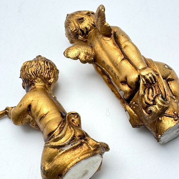 Gold Cherub Angel Figurines Set Of 2 Playing Flute Sitting On Rock Resin Vtg - Picture 5 of 10